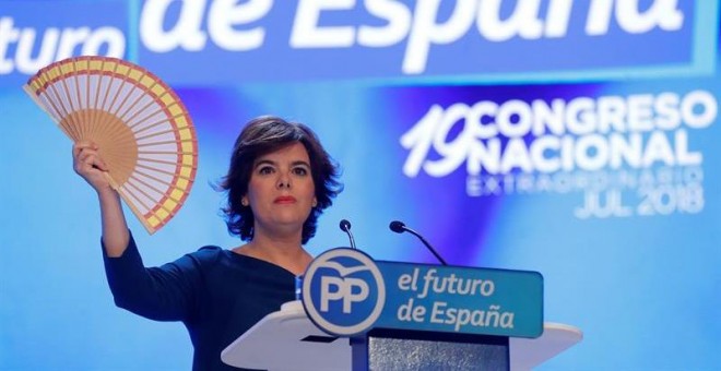 La candidata a la Presidencia del PP, Soraya Sáenz de Santamaría, durante su intervención hoy en el XIX Congreso del partido