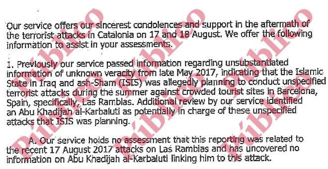 Primeros párrafos del informe de la inteligencia de EEUU sobre los atentados de Barcelona.