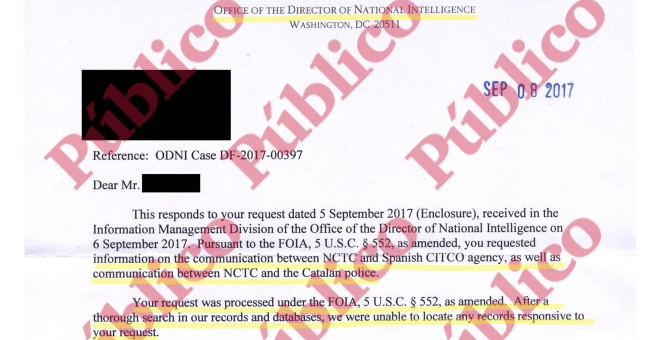 Comienzo de la respuesta de la Oficina del Director Nacional de Inteligencia de EEUU sobre los supuestos mensajes del NCTC a los Mossos y al CITCO.