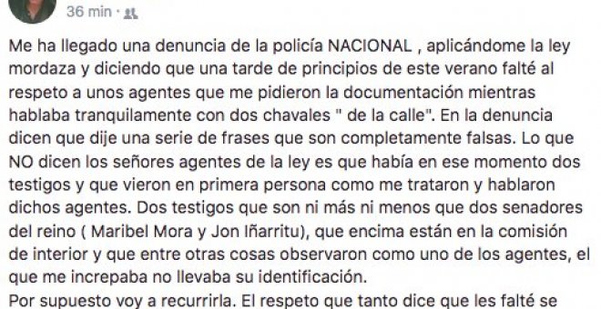 Post en Facebook del periodista Antonio Ruiz explicando lo sucedido