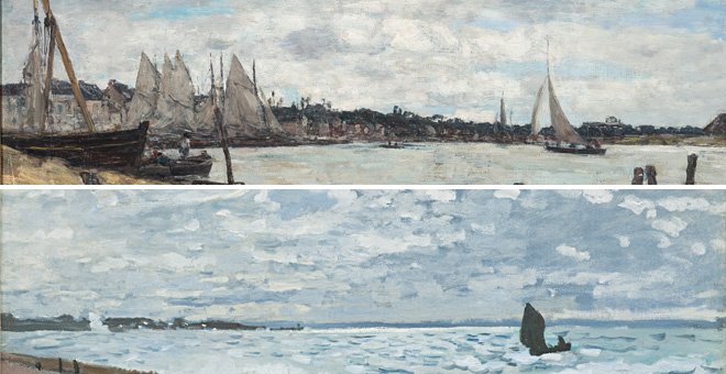 Arriba: 'Vista de la ensenada de Trouville' (1865), de Eugène Boudin.- MUSEU NACIONAL DE BELAS ARTES | Abajo: 'El mar en El Havre' (1868), por Claude Monet.- CARNEGIE MUSEUM OF ARTE, PITTSBURGH