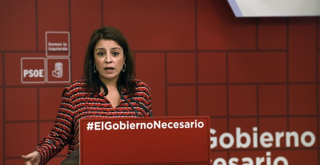 La vicesecretaria general del PSOE, Adriana Lastra, durante la rueda de prensa posterior a la reunión de la Ejecutiva del partido, en la sede de la calle Ferraz. EFE/ Victor Lerena
