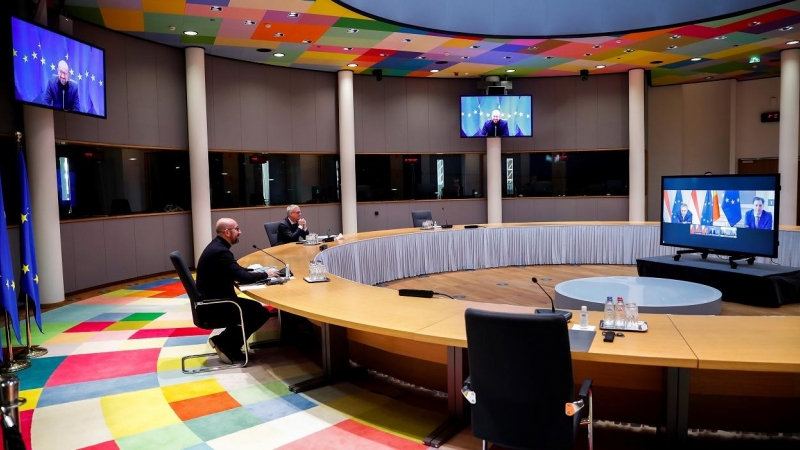 El presidente del Consejo Europeo, Charles Michel, durante una videoconferencia con varios líderes europeos, previa a la cumbre de la UE. REUTERS/Francisco Seco/Pool