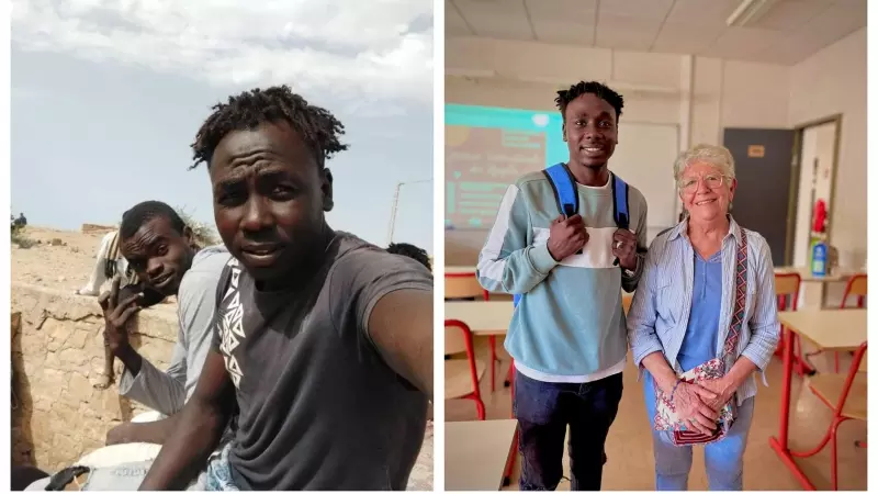 Izquierda: Motwkel junto a varios compatriotas en los montes de Marruecos, antes de cruzar a Melilla. Derecha: El joven sudanés en Francia, donde residen legalmente.