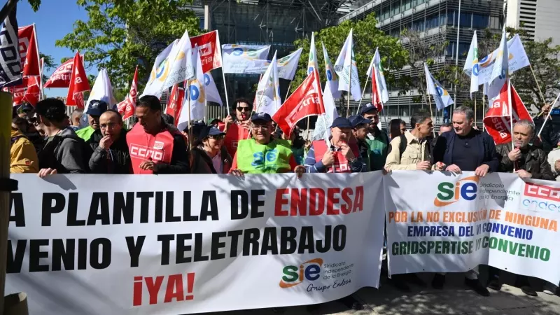 Trabajadores de Endesa protestan a las puertas de la sede de la compañía convocados por CCOO y Sindicato Independiente de la Energía (SIE) para pedir mejoras en el convenio colectivo, en Madrid. EFE/ Fernando Villar