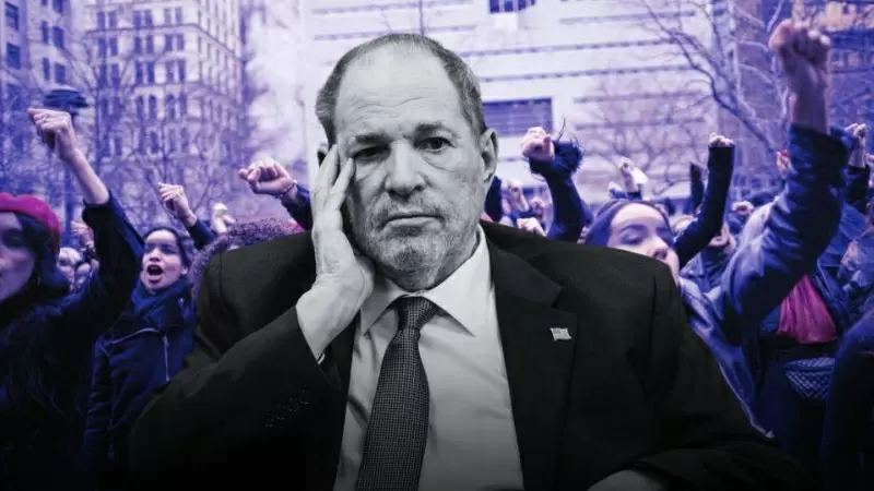 Montaje con una imagen del exproductor Harvey Weinstein tras conocer que su condena sería anulada.