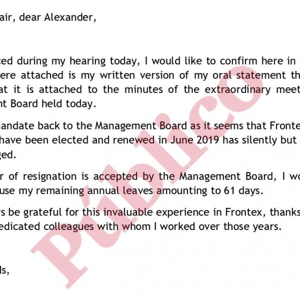 Carta del director de Frontex, Fabrice Leggeri, al Consejo de Administración de la agencia sobre su renuncia.