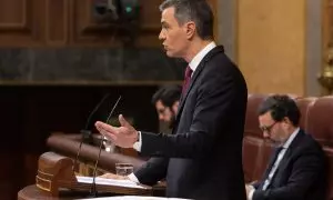 El presidente del Gobierno, Pedro Sánchez, interviene durante una sesión plenaria, en el Congreso de los Diputados, a 10 de abril de 2024, en Madrid (