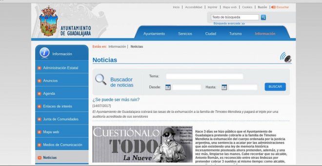 Hackean la web del Ayuntamiento de Guadalajara por intentar cobrar la exhumación de Timoteo Mendieta